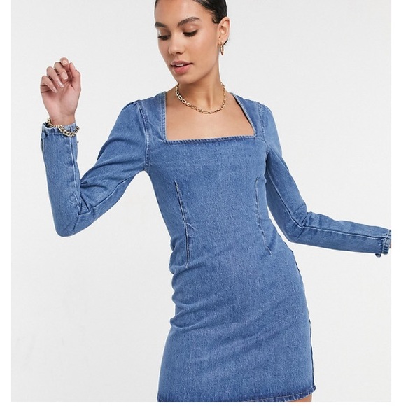 ASOS Tall ASOS DESIGN Tall split sleeve mini dress in lightwash - Picture 2 of 6